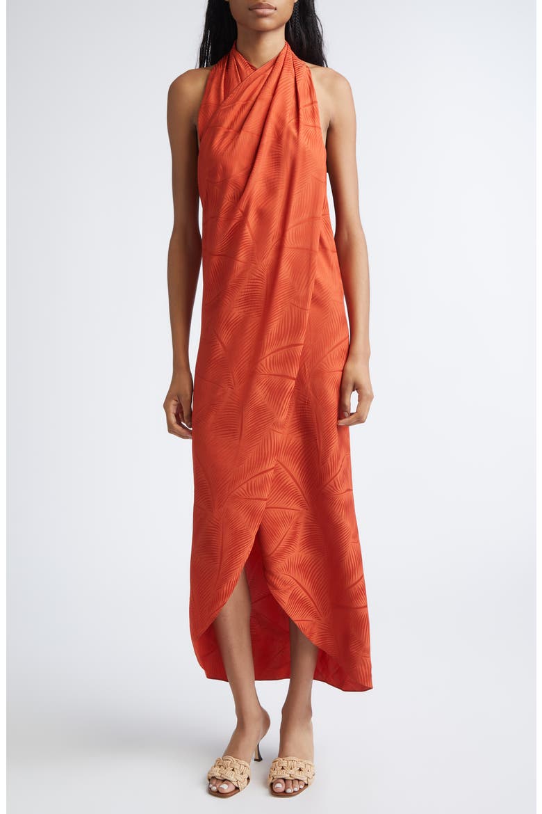 Silent Water Palm Jacquard Drape Satin Top, Main, color, RUST