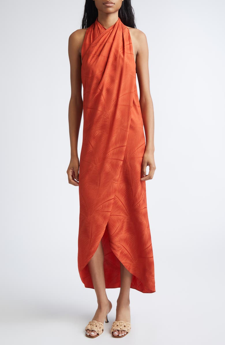 Johanna Ortiz Silent Water Palm Jacquard Drape Satin Top, Main, color, Rust