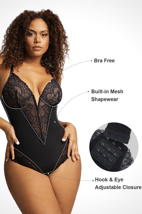 Popilush Shapewear Lace Deep V-neck Sculpting Thong Bodysuit In Midnight Black