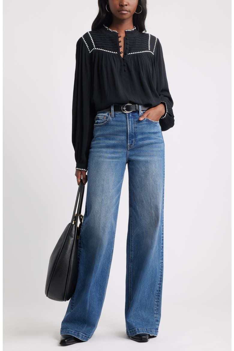 High Neck Embroidered Long Sleeve Top, Alternate, color, BLACK