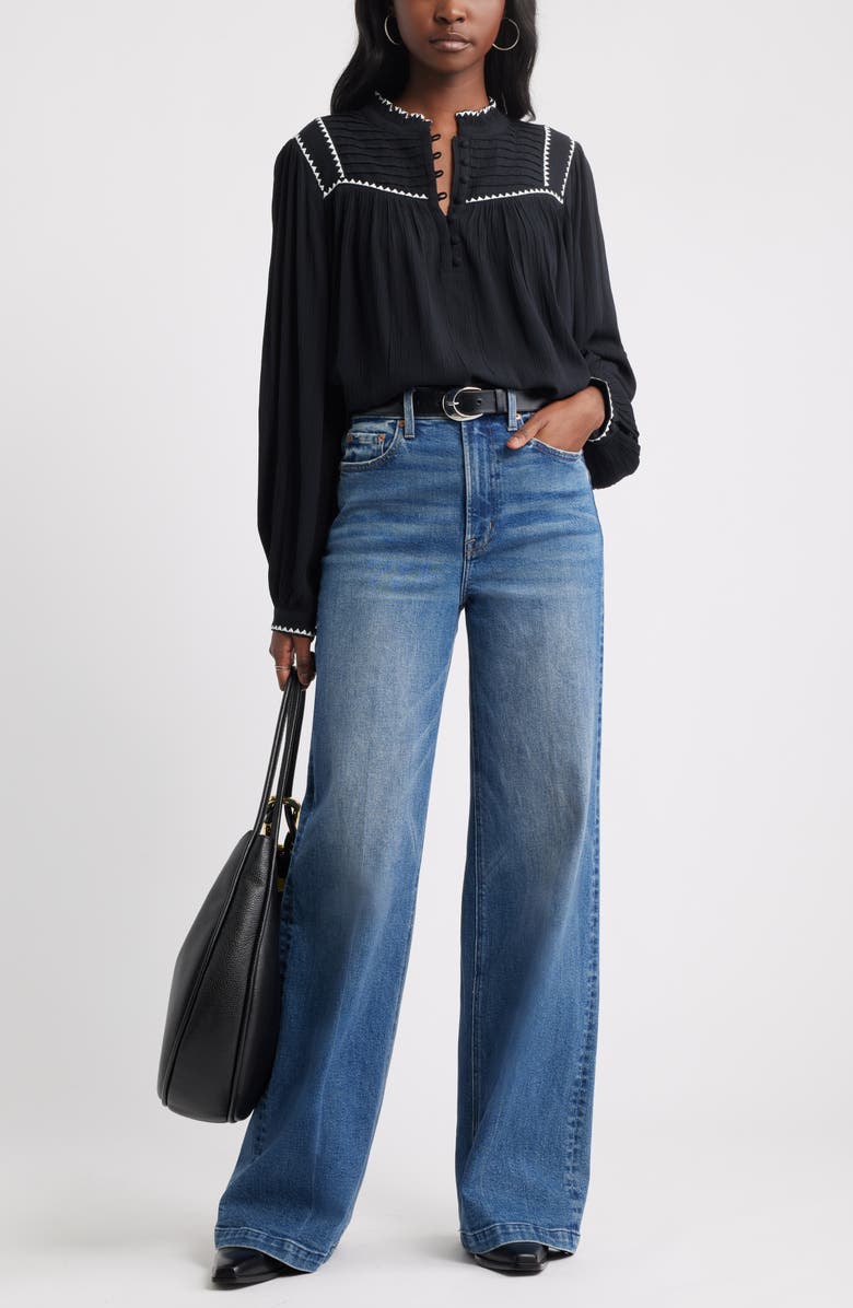 Treasure & Bond High Neck Embroidered Long Sleeve Top, Alternate, color, Black