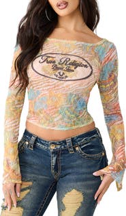 True Religion Butterfly Logo Boat Neck Lace Top