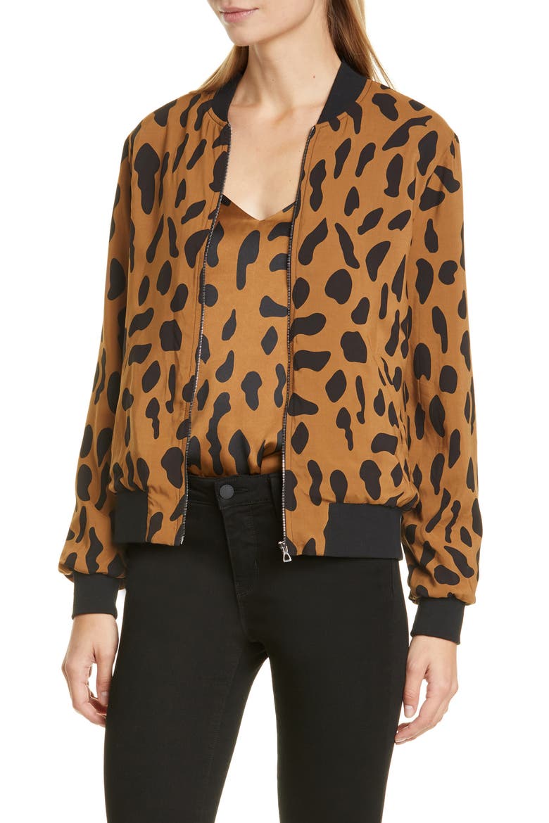 Ollie Cheetah Print Silk Bomber Jacket, Main, color, CAMEL/ BLACK ANIMAL