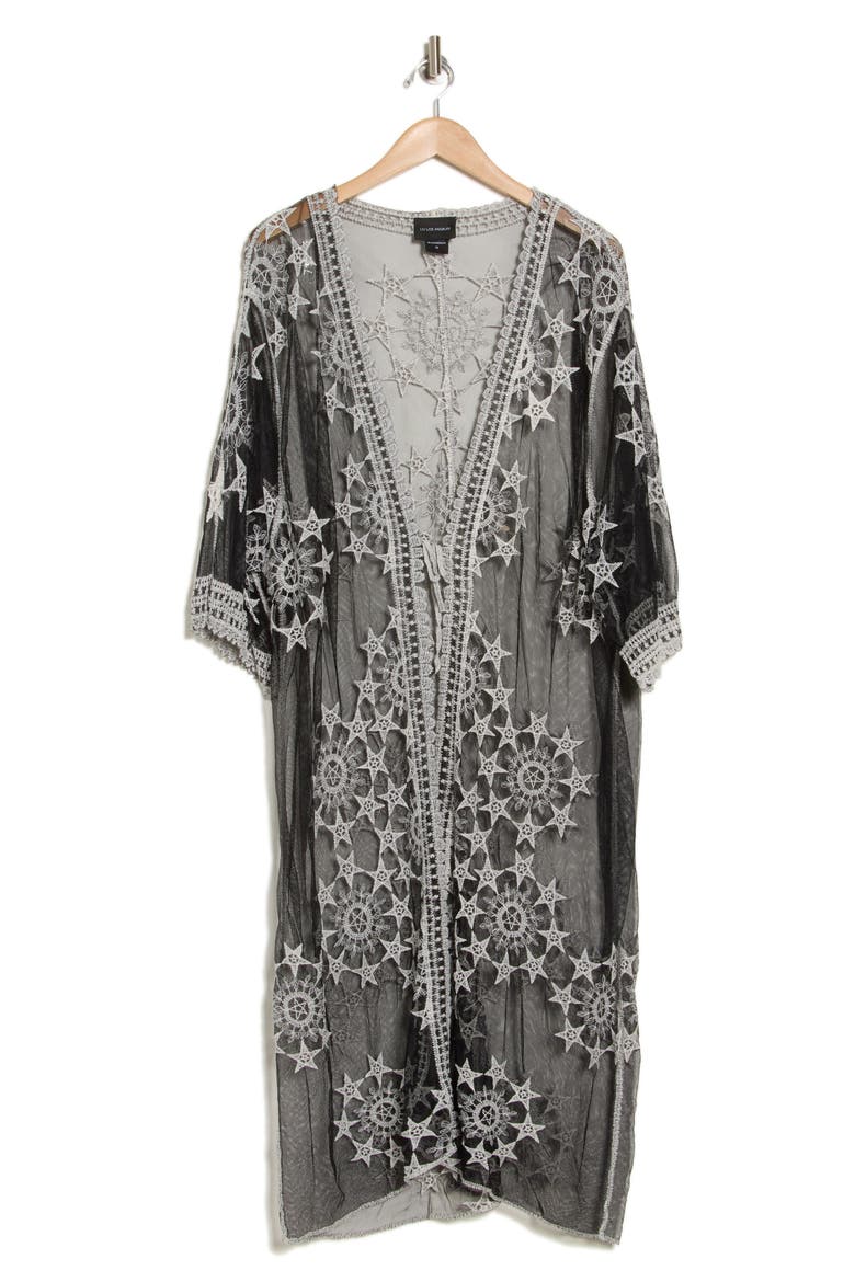 Embroidered Tie Front Duster, Alternate, color, BLACK/ WHITE