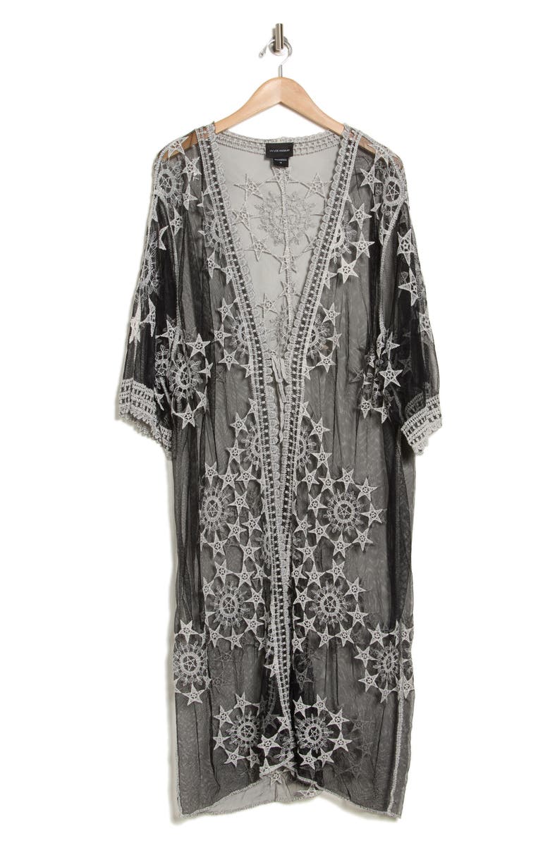 Forgotten Grace Embroidered Tie Front Duster, Alternate, color, Black/ White
