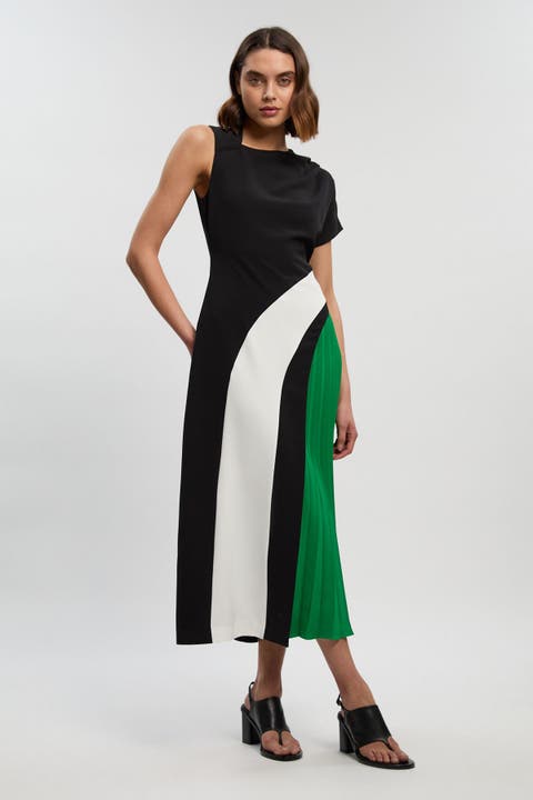 Colour Block Pleated Midi Dress