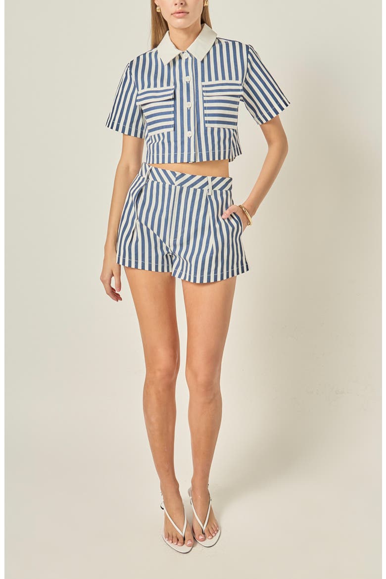 Stripe Short Sleeve Crop Shirt, Alternate, color, NAVY/ OFF WHITE