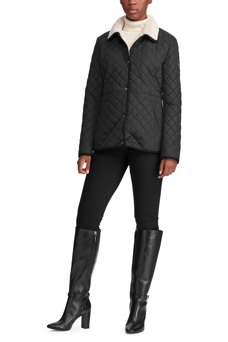 Faux Shearling Collar Quilted Jacket, Alternate, color, BLACK