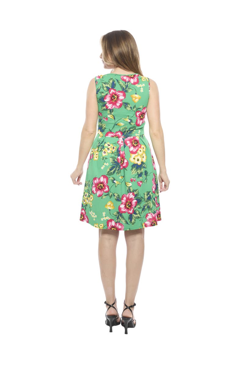 24seven Comfort Apparel Womens Floral Sleeveless Pleated Pocket Skater Dress, Alternate, color, Green Multi