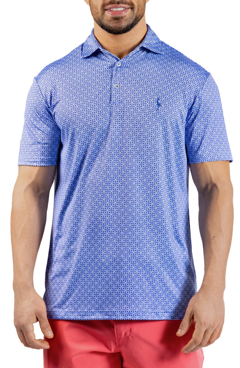 TailorByrd Geometric Floral Print Performance Polo, Main, color, Denim