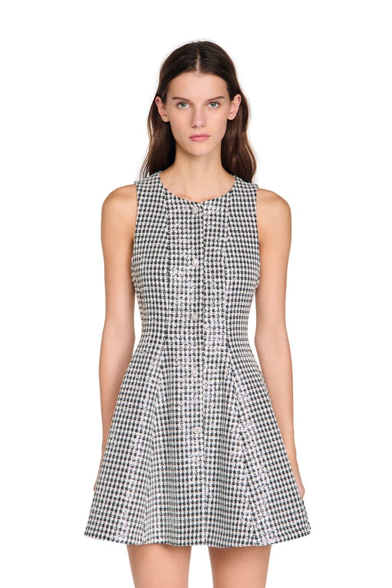 Tweed and sequin short dress, Main, color, Black / white