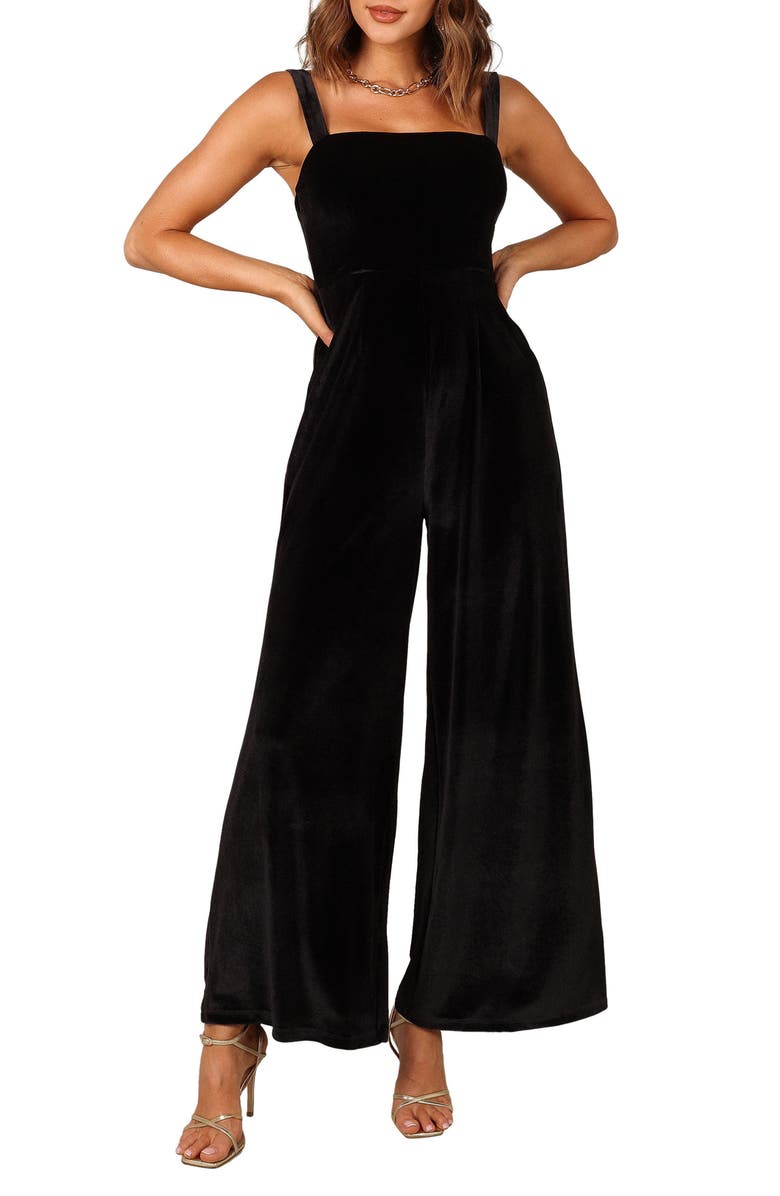 Petal & Pup Scarlette Wide Leg Velvet Jumpsuit, Main, color, Black