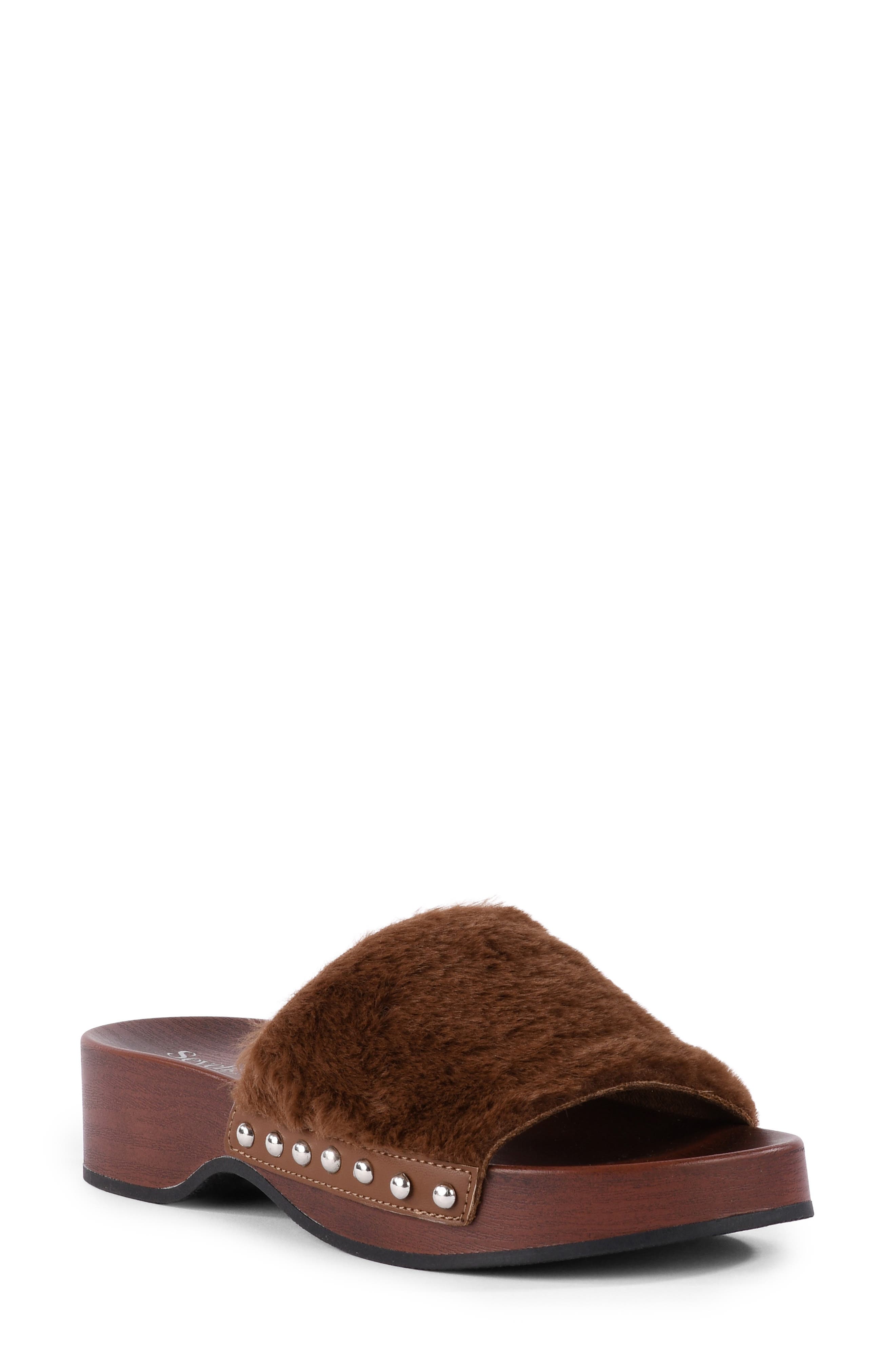 Windswell Faux Fur Slide Sandal, Main, color, CHOCOLATE