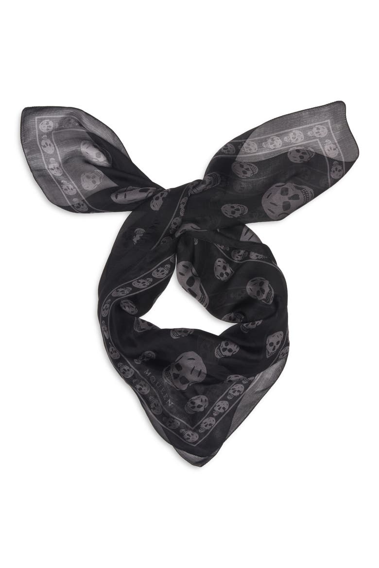 Skull Print Silk Scarf, Alternate, color, BLACK/ DARK GREY