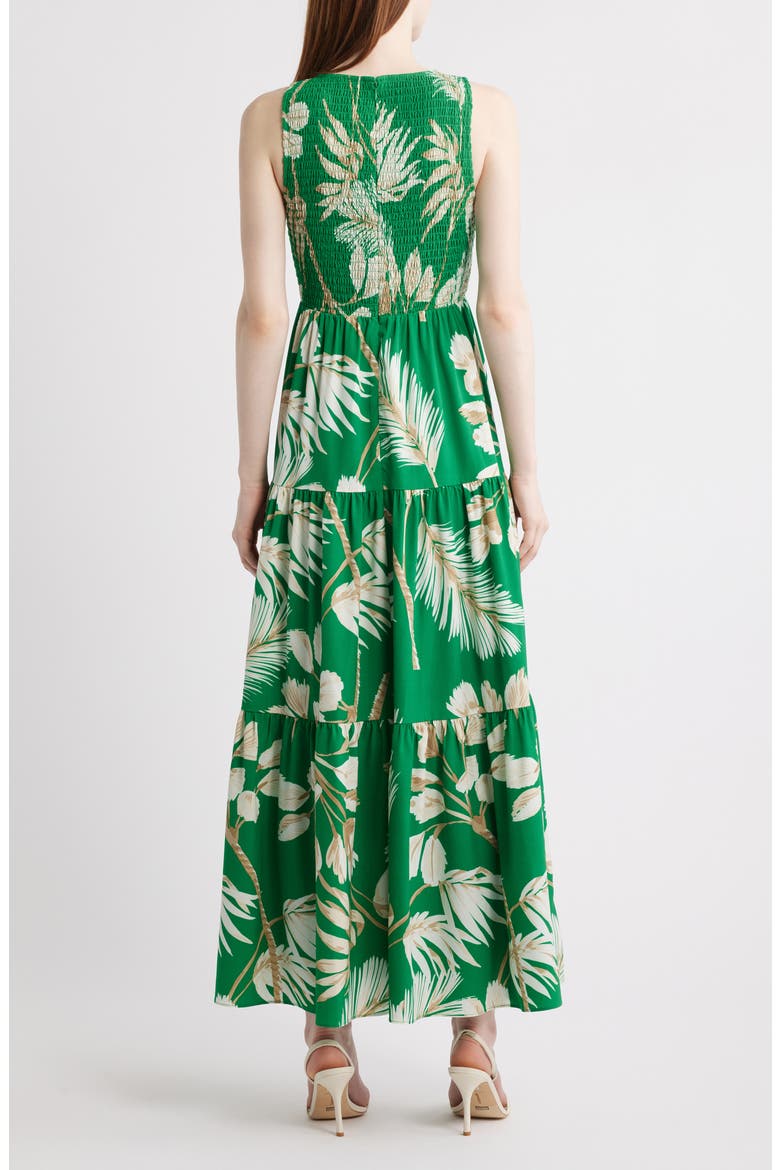Palm Print Smocked Tiered Maxi Dress, Alternate, color, TROPICAL GREEN MULTI