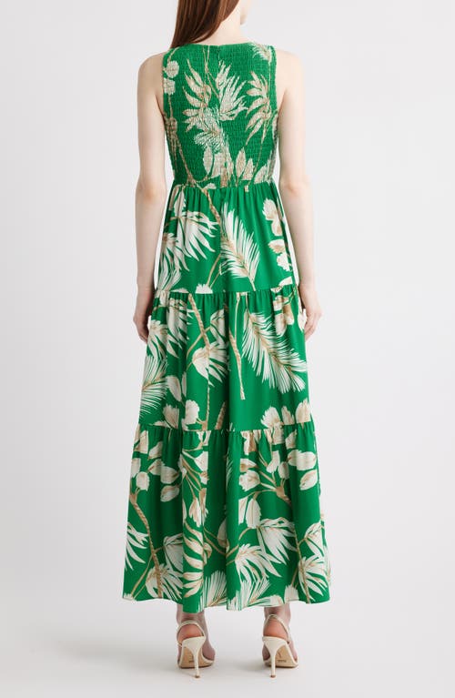 Anne Klein Palm Print Smocked Tiered Maxi Dress