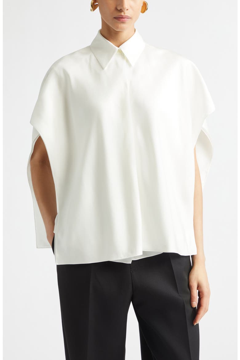 Layered Short Sleeve Silk Twill Button-Up Shirt, Main, color, 9000 WHITE