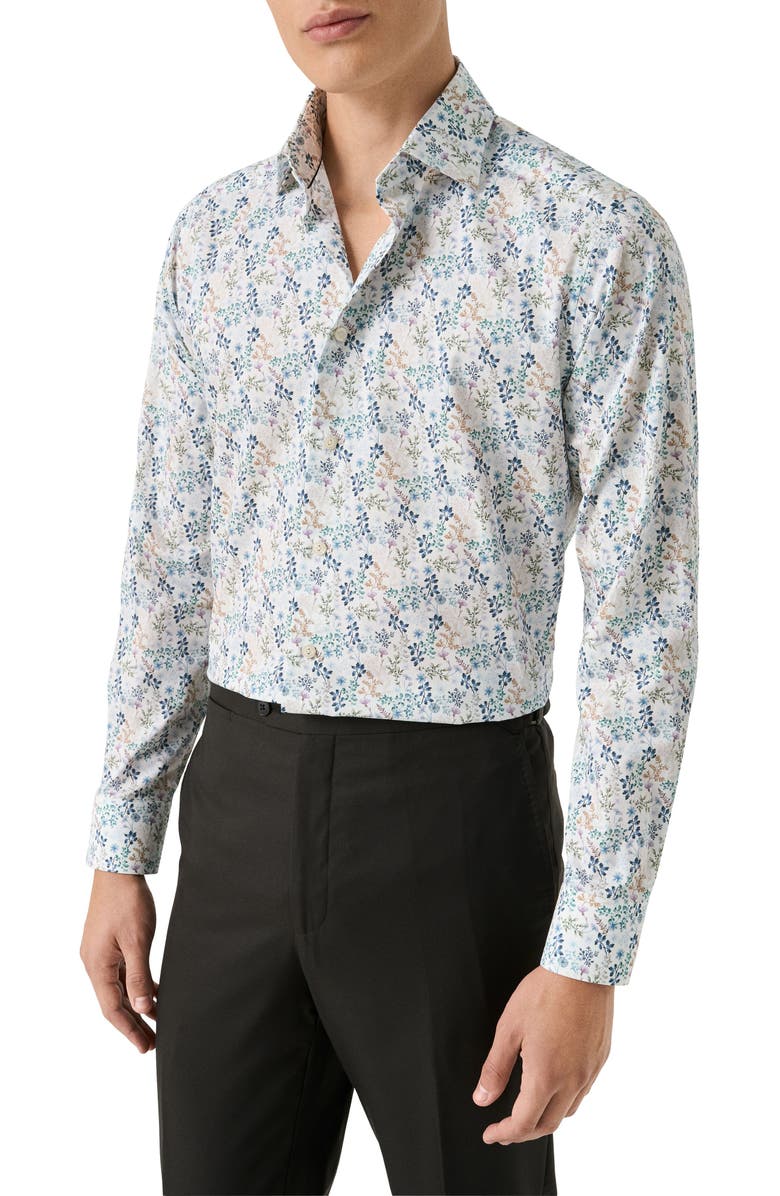 Eton Contemporary Fit Floral Twill Dress Shirt, Main, color, Medium Blue