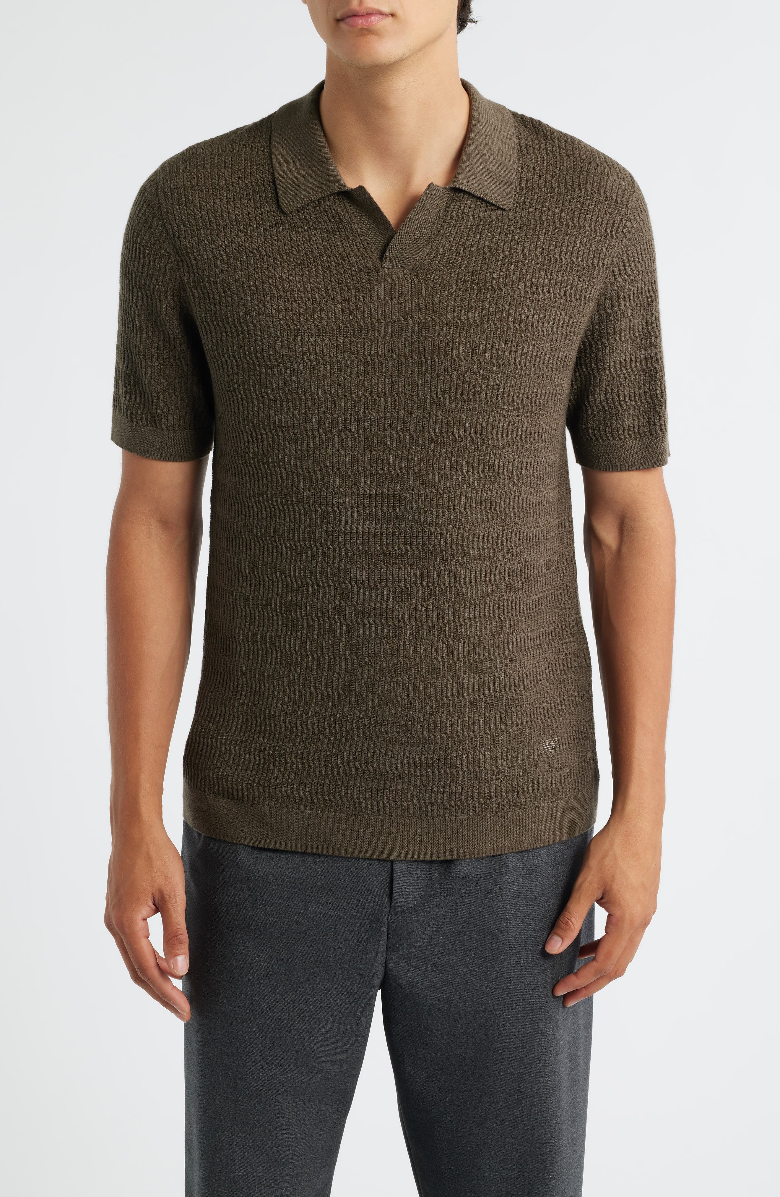 Emporio Armani Johnny Collar Short Sleeve Twisted Rib Wool Polo Sweater