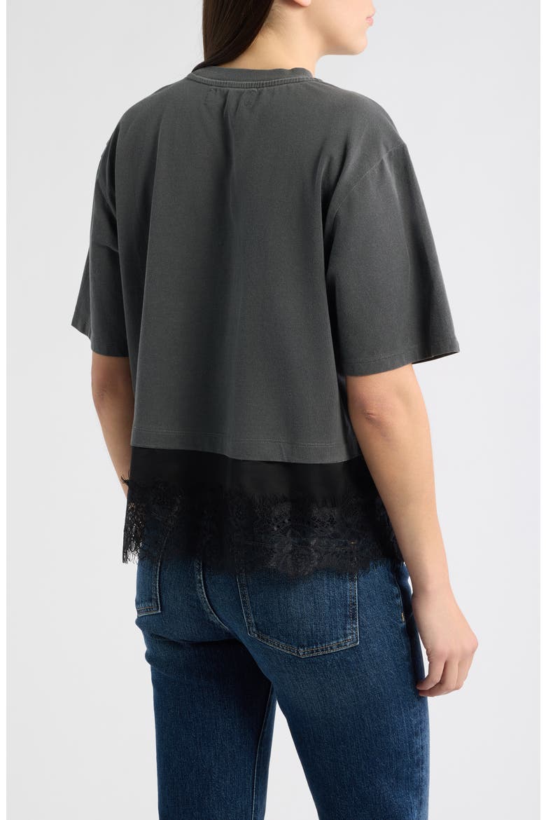 Satin & Lace Trim Stretch Cotton T-Shirt, Alternate, color, BLACK