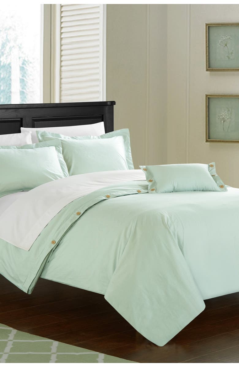 CHIC Aqua Odin 200 Thread Count Twill Weave Button Detail Queen Duvet Cover 4-Piece Set, Alternate, color, 