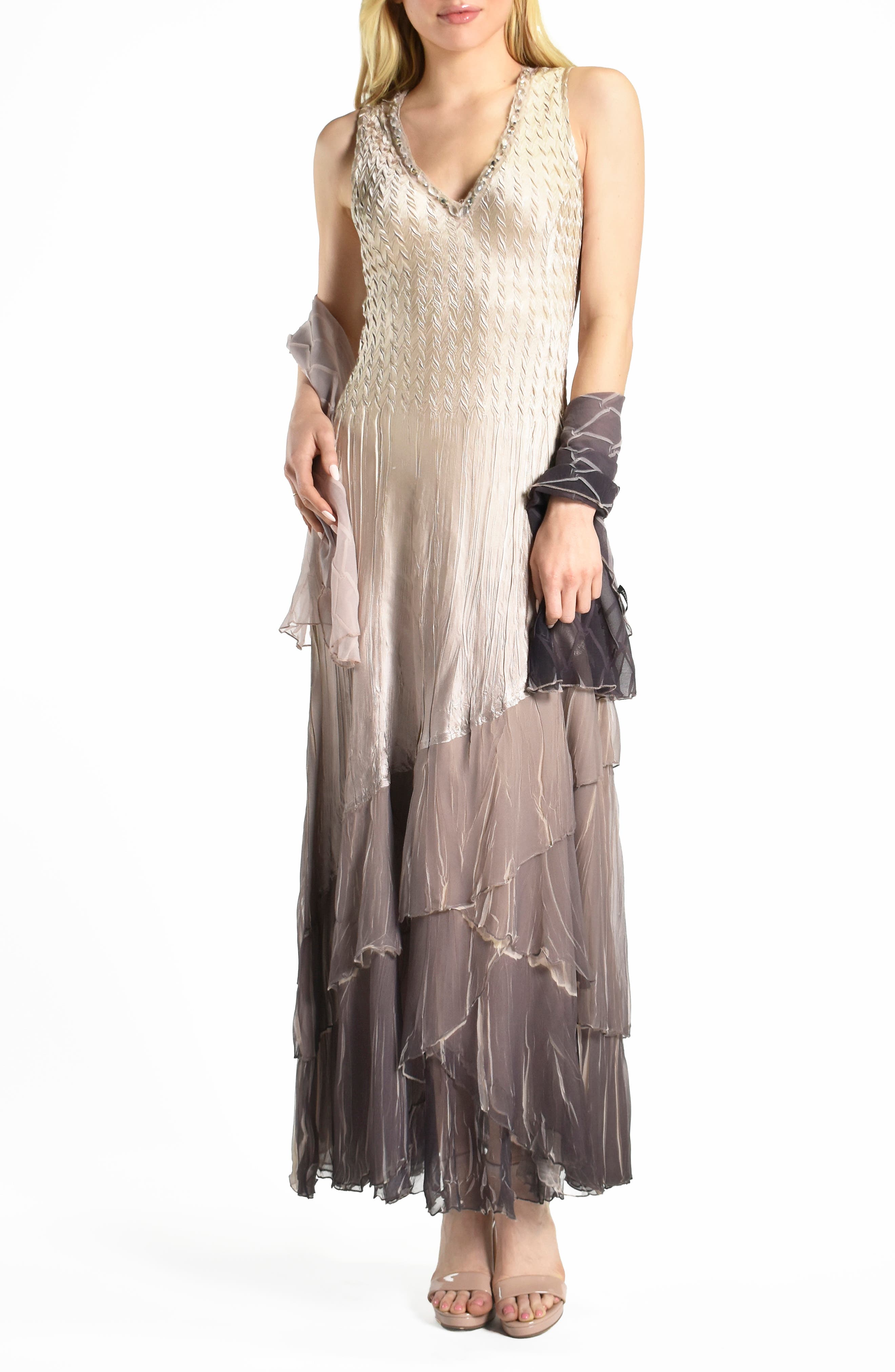 Komarov Tiered Ruffle Chiffon & Charmeuse Gown with Scarf in Beach Cafe Ombre 