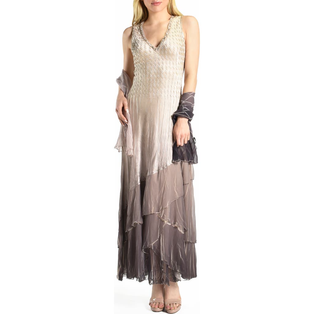 Komarov Tiered Ruffle Chiffon & Charmeuse Gown with Scarf in Beach Cafe Ombre