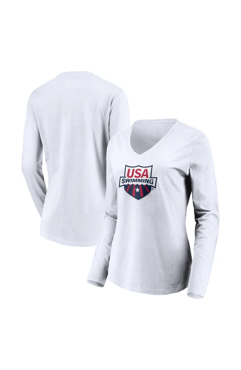 FANATICS Women's Fanatics Branded White USA Swimming Core Primary Logo V-Neck Long Sleeve T-Shirt, Main, color, 
