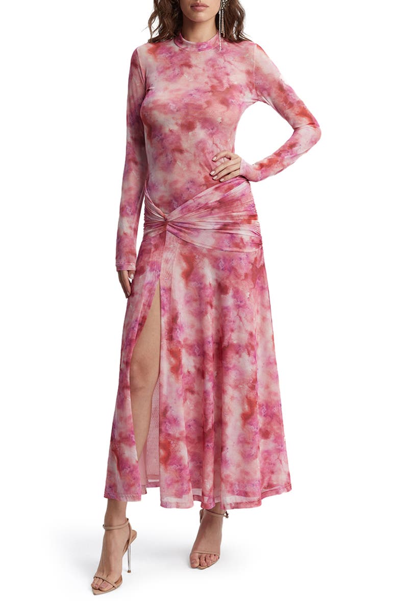 Bardot Lea Tie Dye Ruched Long Sleeve Mesh Maxi Dress, Main, color,