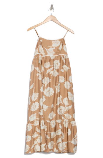 Lush Floral Print Midi Dress In Taupe Cream