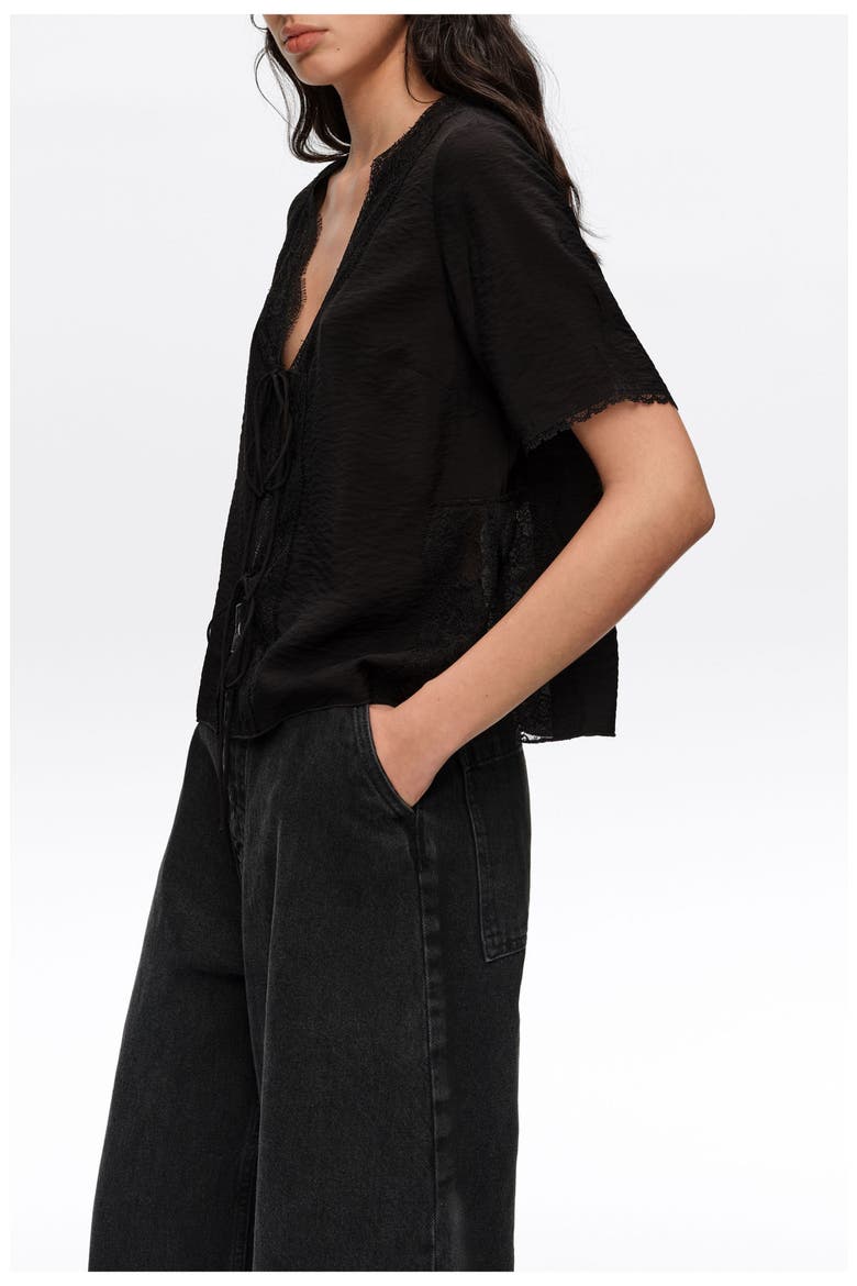 Lace-up Shirt With Lace, Alternate, color, BLACK