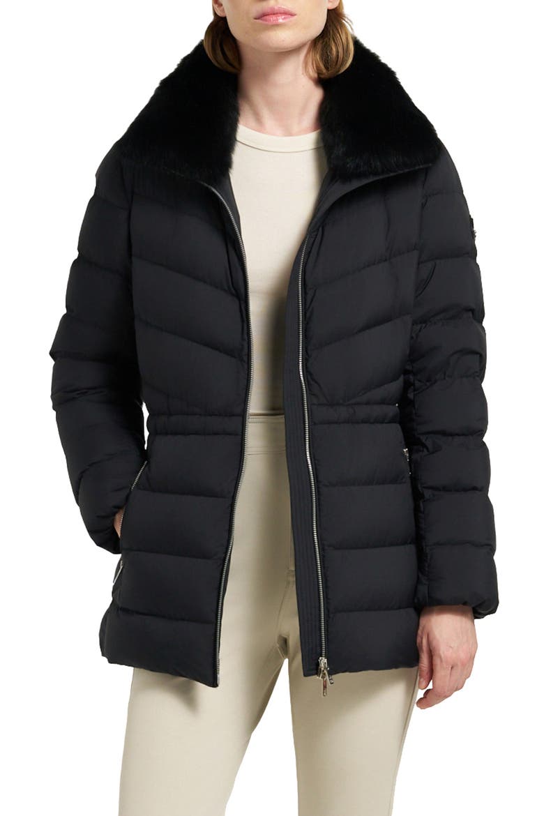 Belle Cote Genuine Shearling Collar Water Repellent 800 Fill Power Down Puffer Jacket, Main, color, BLACK