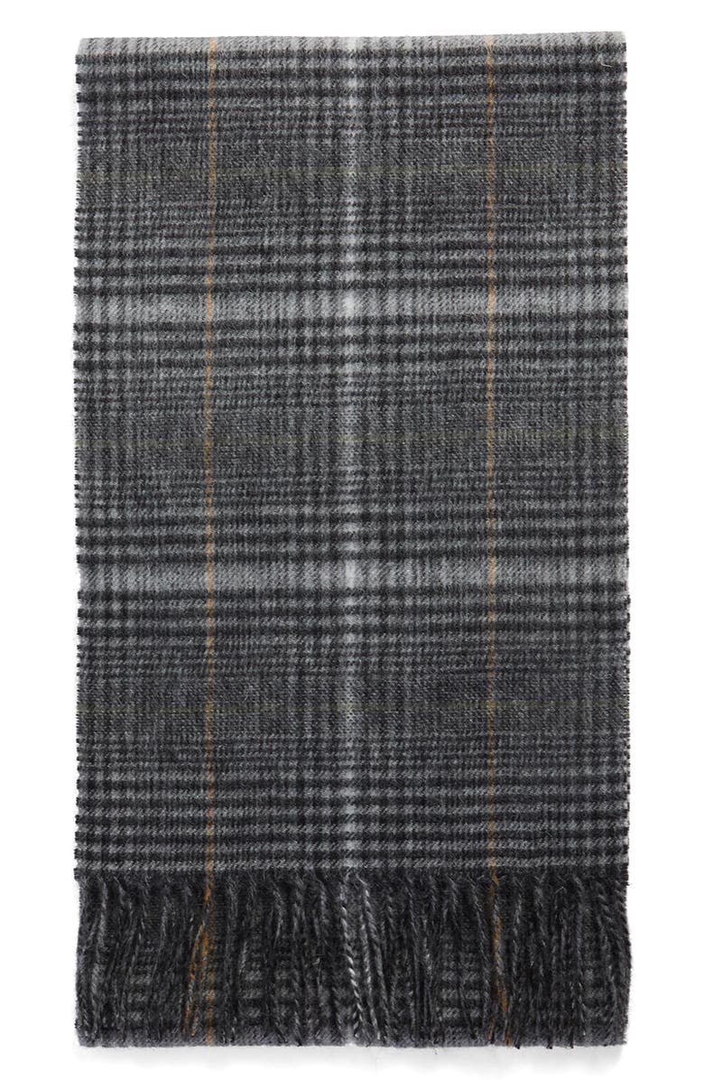 Barbour Danbrooke Plaid Fringed Wool & Cashmere Scarf, Main, color, Grey