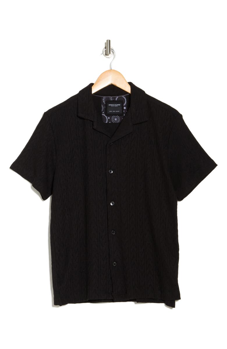 DENIM AND FLOWER Solid Black Cable Knit Cotton Blend Camp Shirt, Alternate, color, Black