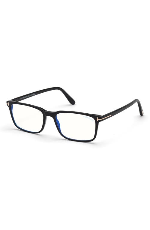 Tom Ford 54mm Rectangular Blue Light Blocking Glasses In Black Rose Gold/t Logo