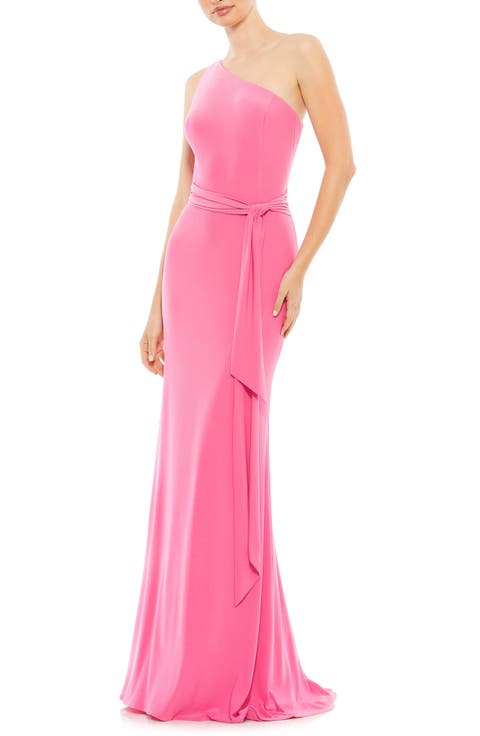 Jersey One Shoulder Belted Trumpet Gown