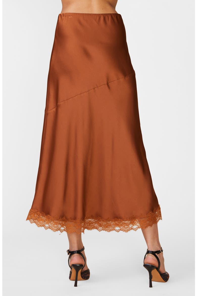 Lace Trim Satin Midi Skirt, Alternate, color, CARAMEL