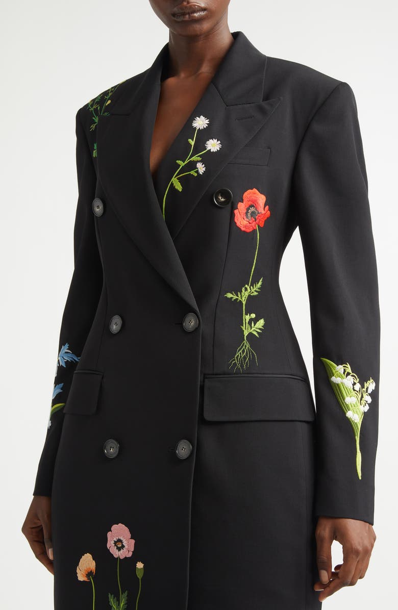 Stella McCartney Flower Embroidered Wool Coat, Alternate, color, Black