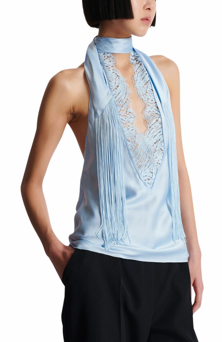 Balmain Backless Crepe Satin Top With Fringe, Alternate, color, Blue