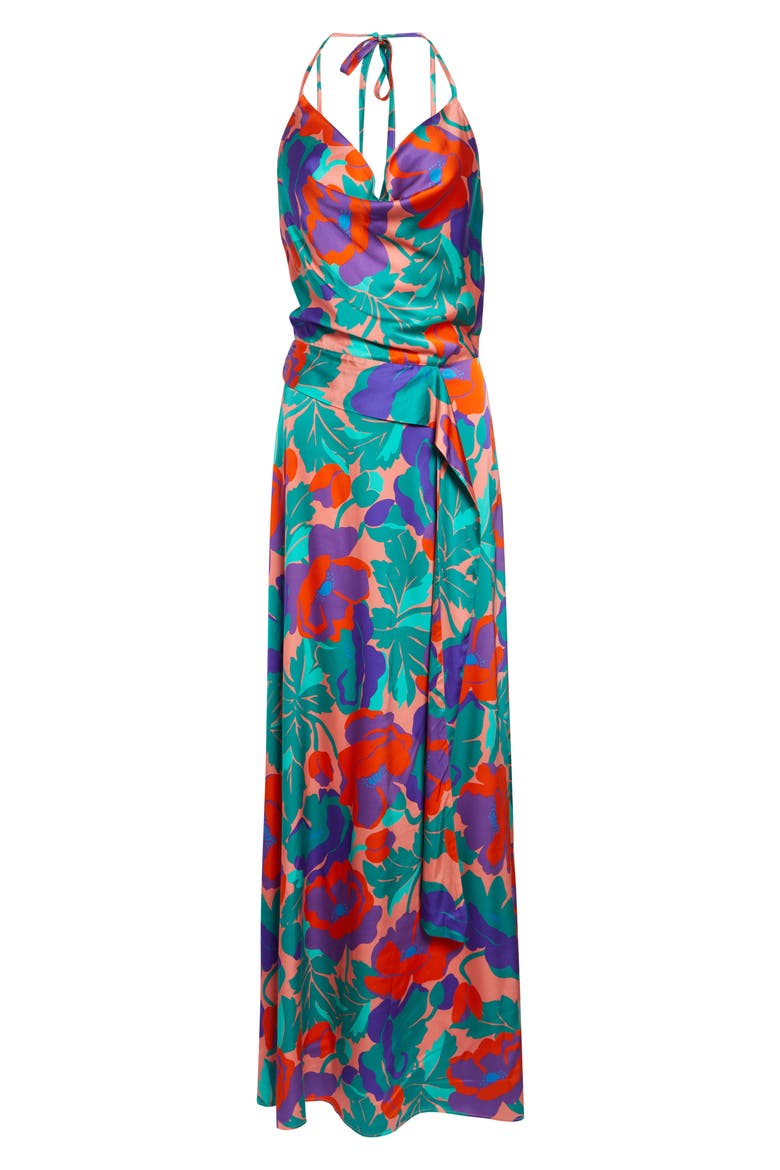 Corrine Floral Halter Neck Satin Gown, Alternate, color, CORAL FLORAL