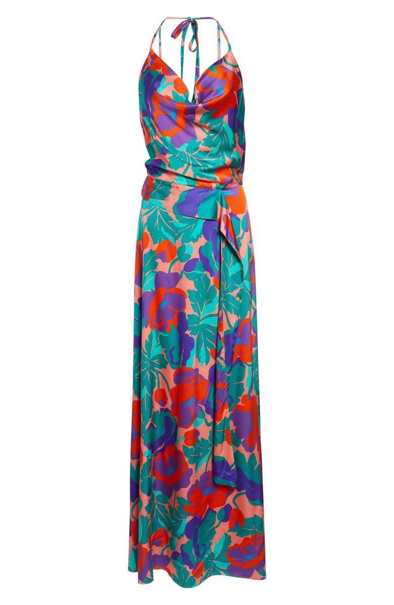 Ramy Brook Corrine Floral Halter Neck Satin Gown, Alternate, color, Coral Floral