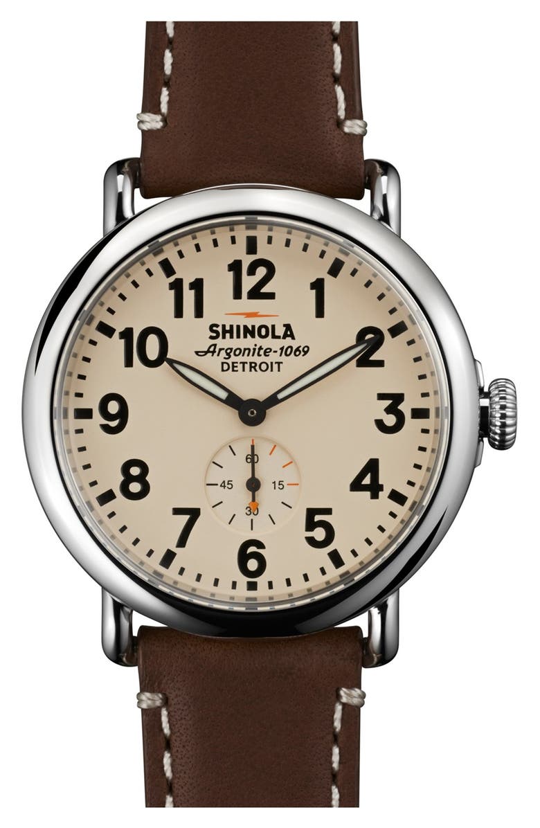 Shinola The Runwell Leather Strap Watch, 41mm, Main, color, Dark Coffee/ Cream