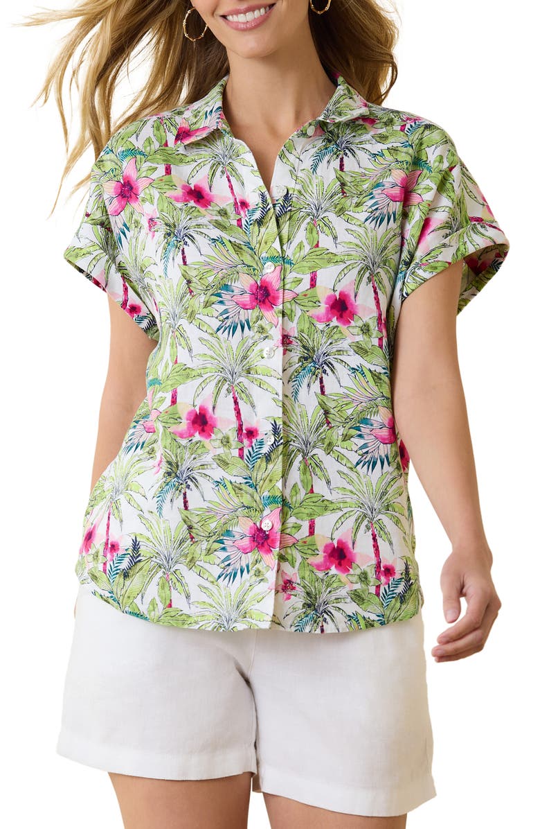 Tommy Bahama Coastal Palms Floral Short Sleeve Linen Button-Up Shirt, Main, color,