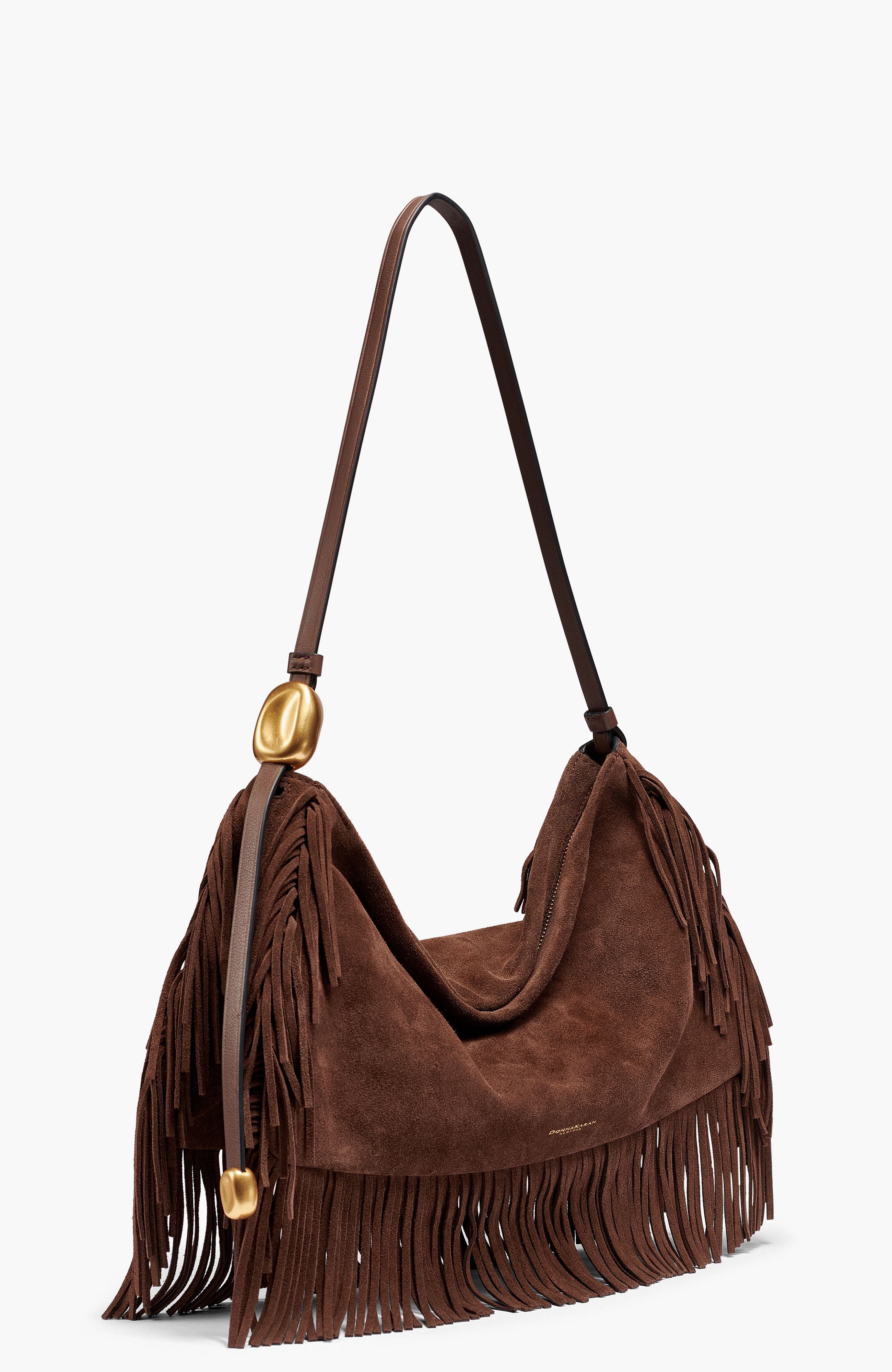 Donna Karan New York Velvet Suede Fringe Large Shoulder, Alternate, color, Chocolate