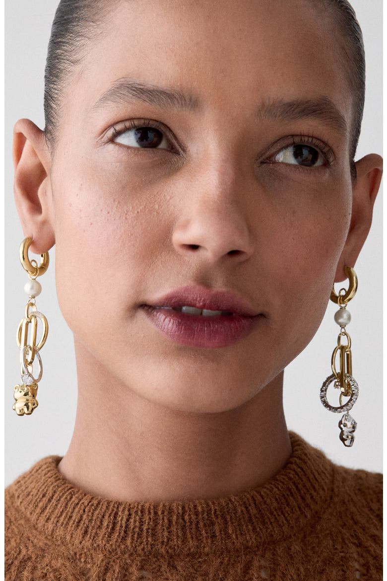 Imitation Pearl & Bear Linear Drop Earrings, Alternate, color, CREAM/ MIXED METAL