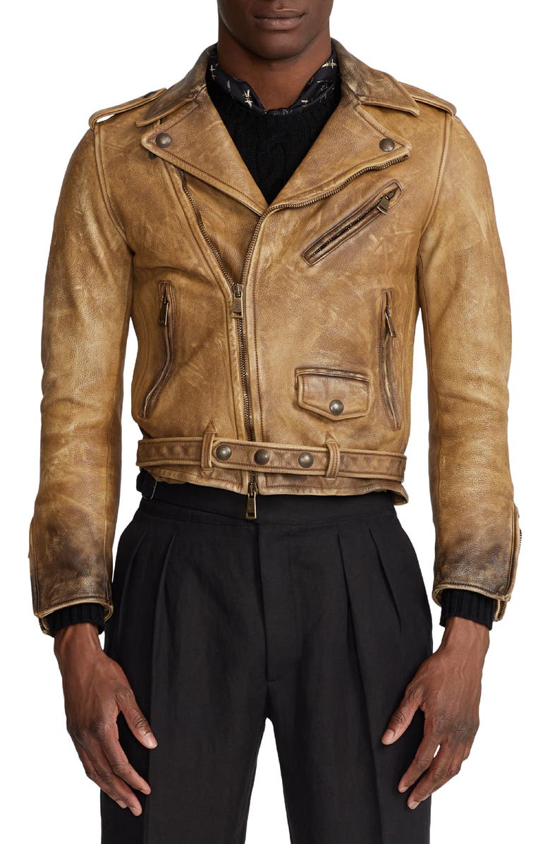Ralph Lauren Purple Label Locklear Weathered Leather Moto Jacket, Main, color,