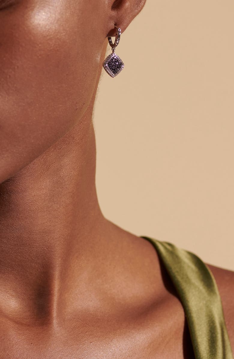 John Hardy Classic Chain Silver Square Huggie Hoop Drop Earrings, Alternate, color, Black