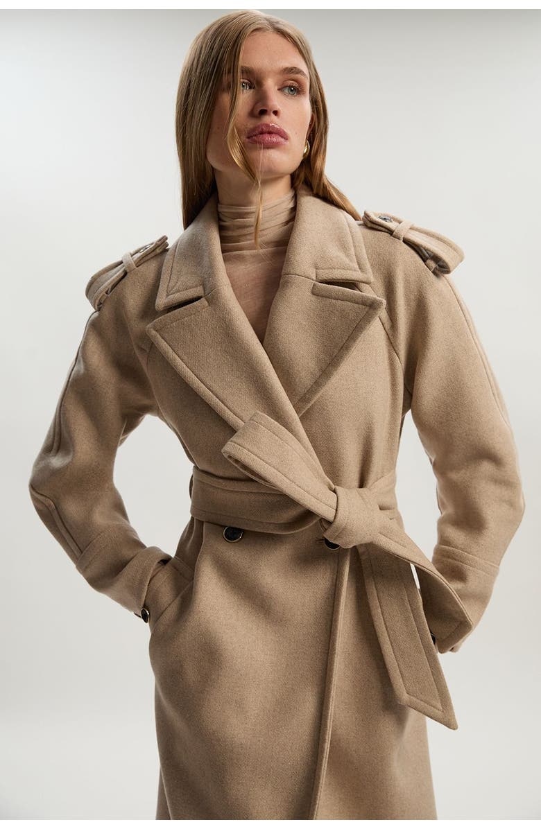 Karen Millen Wool Tailored Belted Midi Coat, Alternate, color, Oatmeal