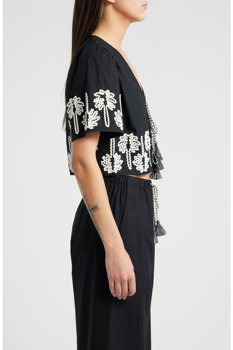 Pari Rickrack Palms Tie Front Cotton Crop Top, Alternate, color, BLACK IVORY PALM TREES