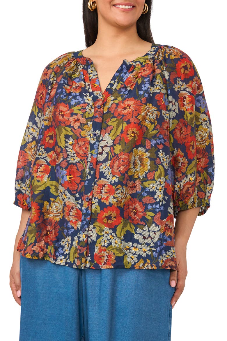 Floral Raglan Sleeve Button Down Shirt, Main, color, CLASSIC NAVY